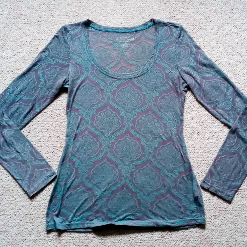 Maurices Women's Brown & Teal Sheer Damask Long Sleeve Pullover Top - Picture 6 of 10